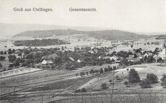 Postkarte von Otelfingen: Dorfansicht 1911 LGO links